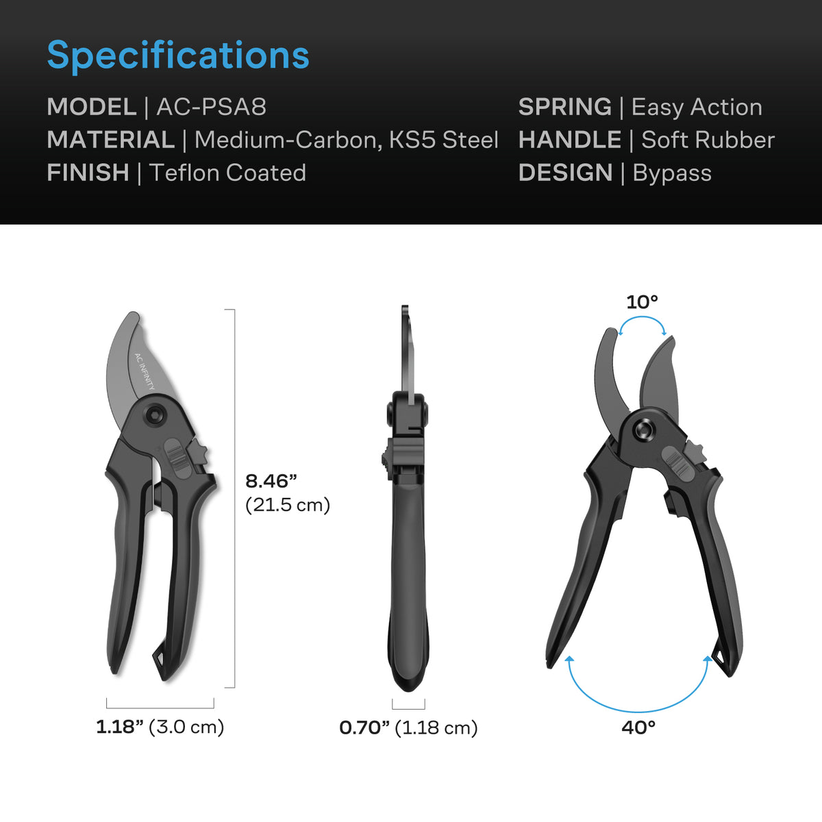 AC Infinity 8 inch bypass shears specification and dimension chart