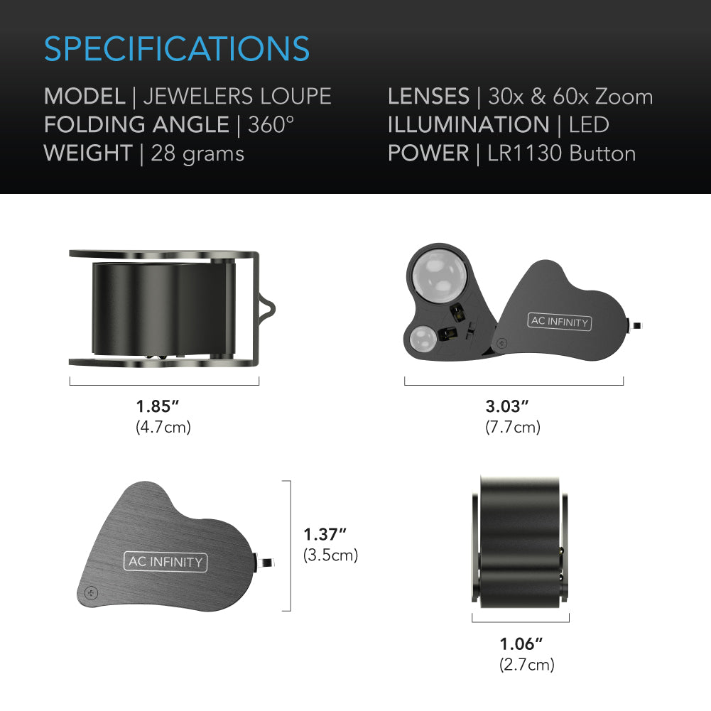 AC Infinity jewellers loupe specification and dimension chart