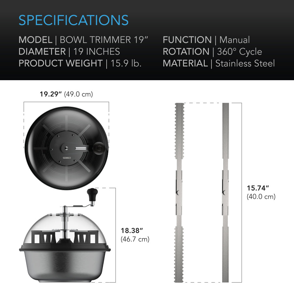 AC Infinity bowl leaf trimmer 19 inch specification and dimension chart