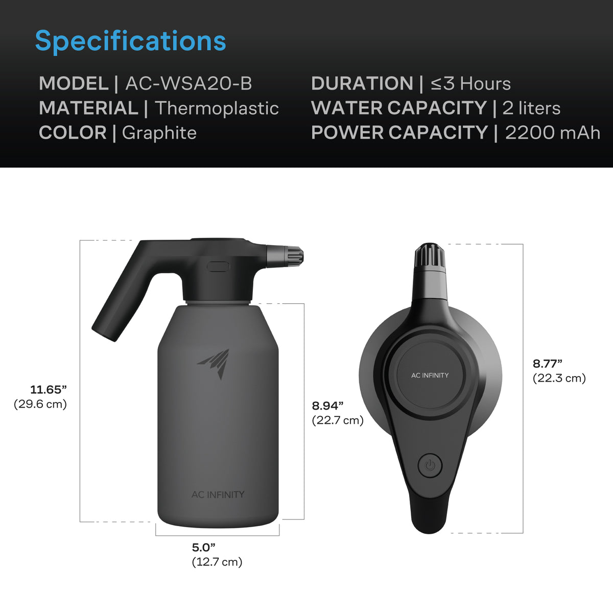 AC Infinity automatic water sprayer specification and dimension chart