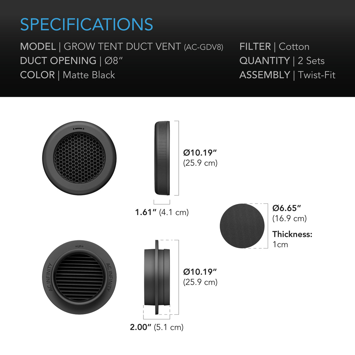 AC Infinity Duct Vent Attachment 8 inch specification and dimension chart