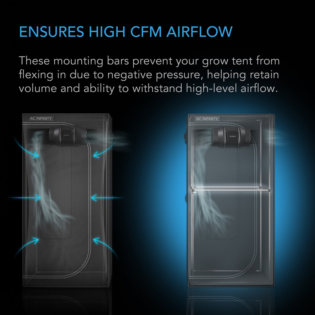 AC Infinity Grow Tent Mounting Bars keeping tent walls from bowing inwards under extraction