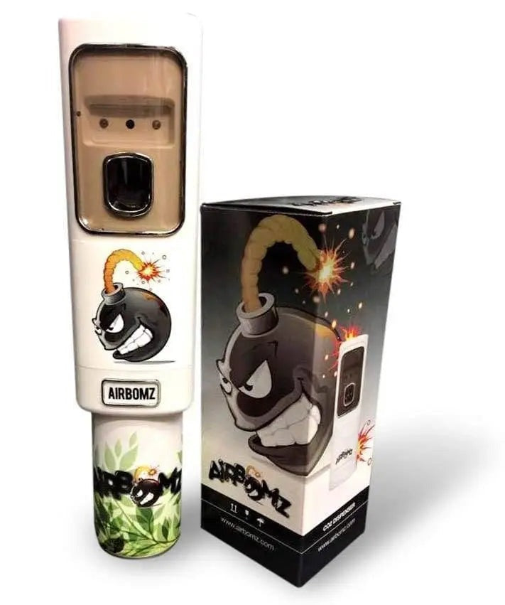 AirBomz CO2 Dispenser — unit with a can fitted, beside its retail box