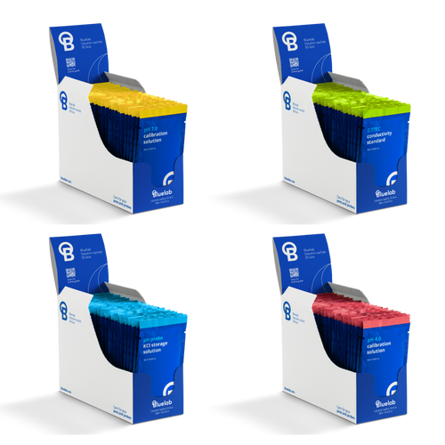 Bluelab Solution Sachet range - pH 7.0, EC 2.77, KCl storage and pH 4.0 boxes shown together