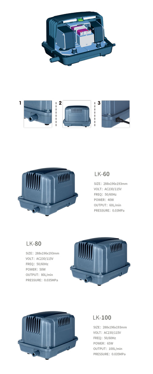 BOYU LK High Flow Air Pump specification sheet showing the LK-60, LK-80 and LK-100 with power, output and pressure