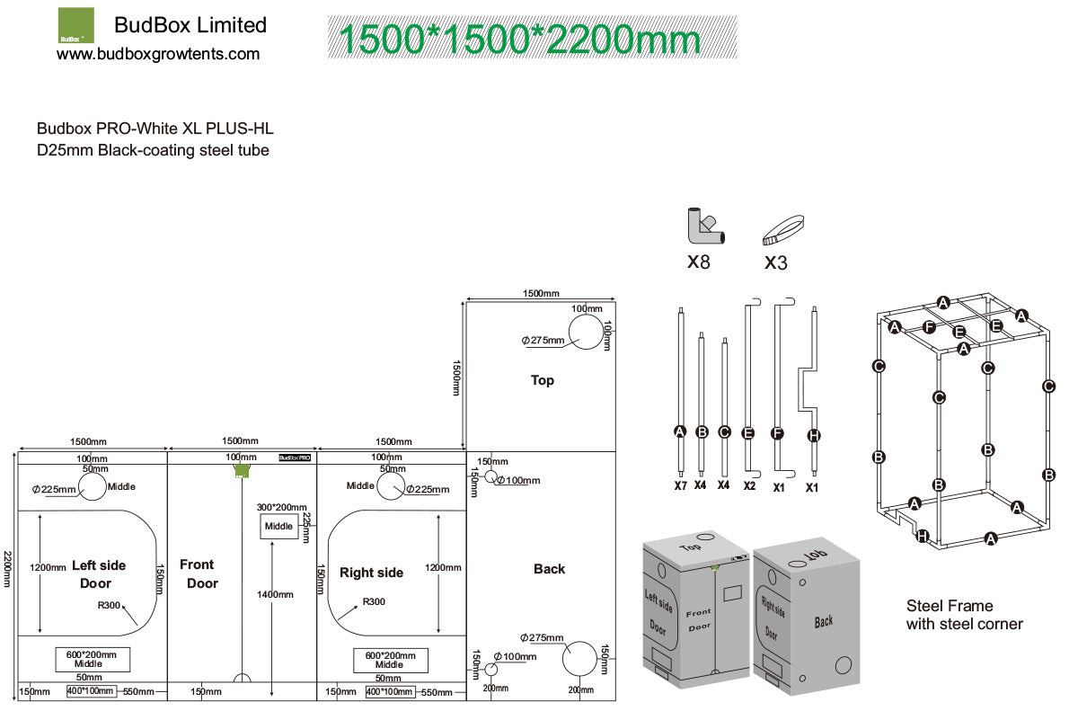 BudBox Pro Tent 150x150x220cm dimensioned schematic showing frame parts, port sizes and full external dimensions