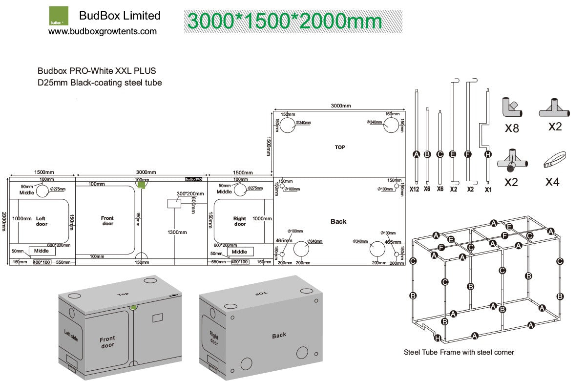 BudBox Pro Tent 150x300x200cm dimensioned schematic showing the doors, port positions and frame parts