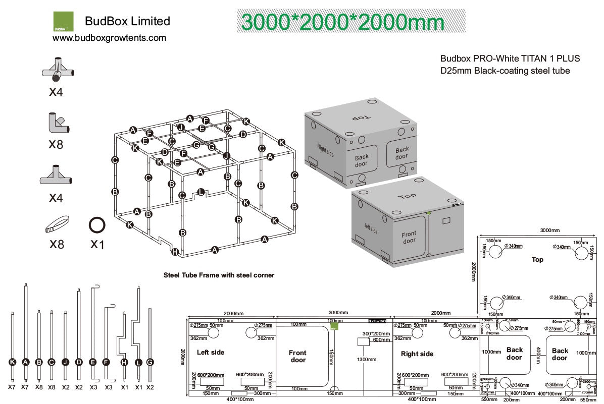 BudBox Pro Tent 200x300x200cm dimensioned schematic showing the frame parts, port positions and external dimensions