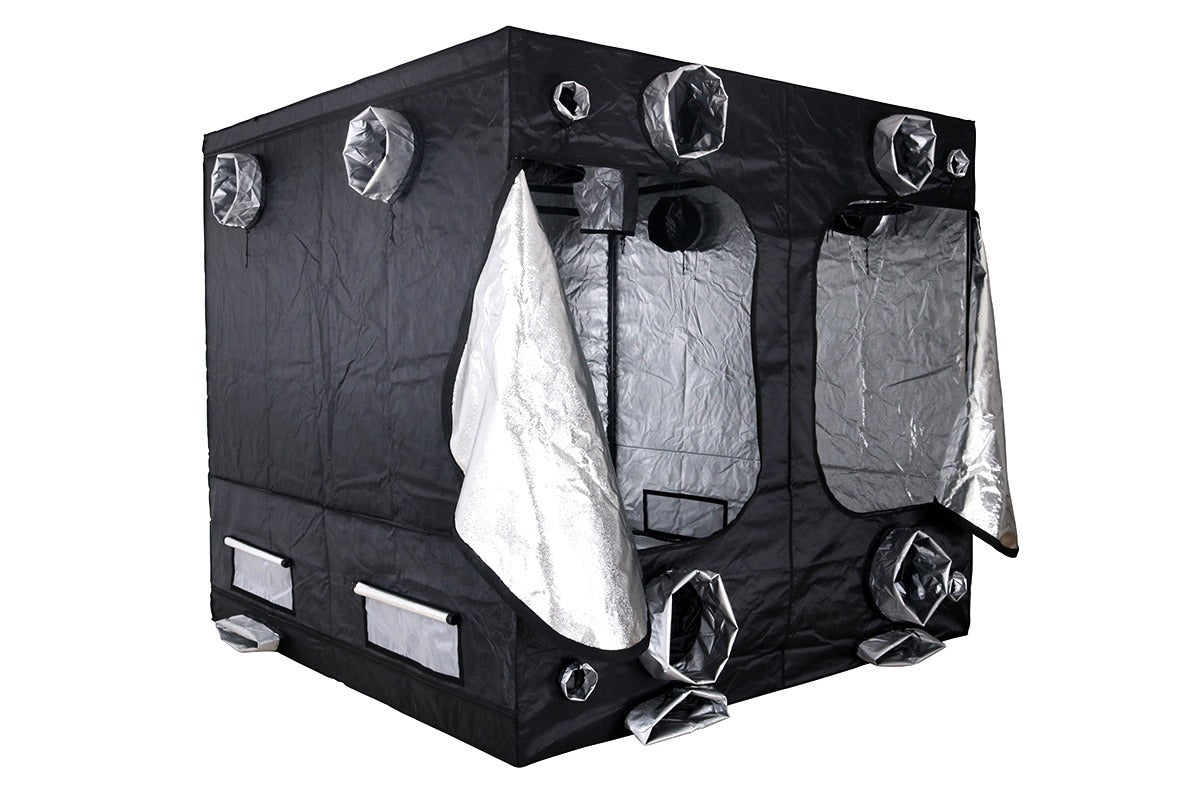 BudBox Pro Tent 240x240x220cm Silver from the rear, with an access door open and the 340mm and 275mm ports