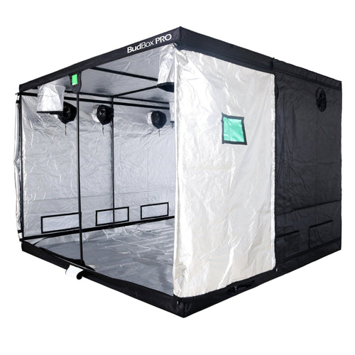 BudBox Pro Tent 300x300x220cm with silver mylar lining, front doors rolled open