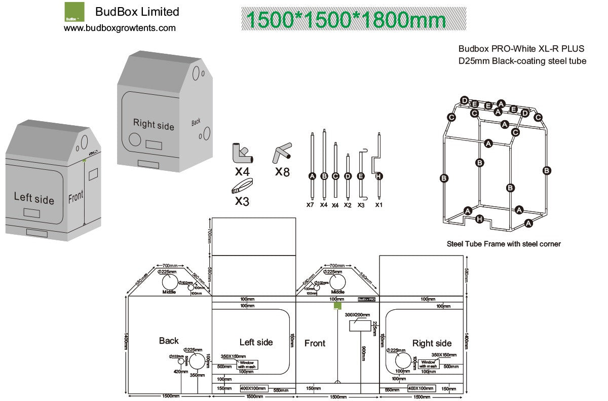 BudBox Pro XL Plus-R Tent 150x150x180cm dimensioned schematic showing the 140cm walls, 70cm ridge, ports and frame parts