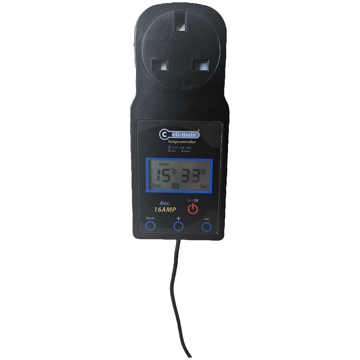 Cli-Mate 16A Temperature Controller showing the UK plug, probe lead and LCD display