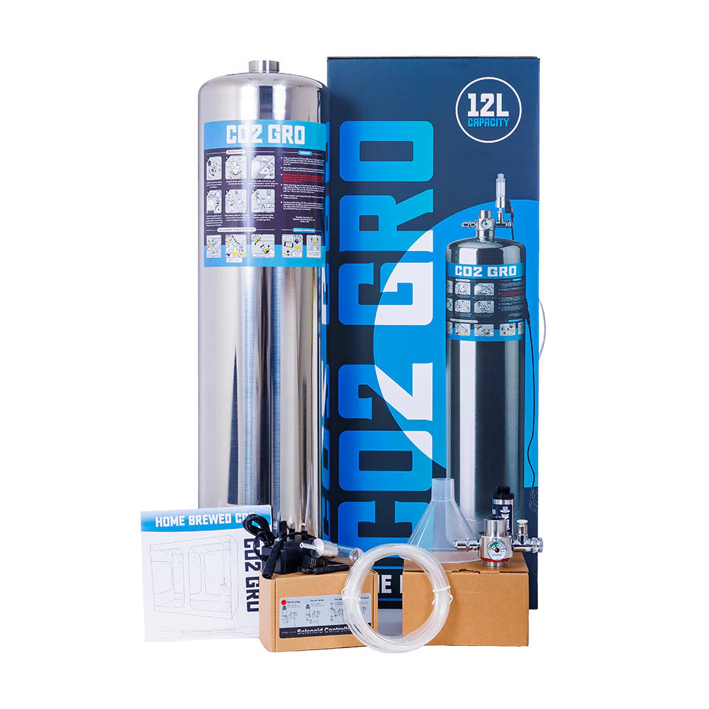 CO2Gro Home Brewed CO2 Generator – full kit: 12L stainless cylinder, retail box, solenoid controller, regulator, funnel, tubing and instruction manual