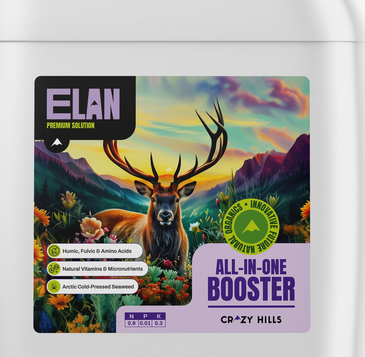 Crazy Hills Elan label close-up: humic, fulvic and amino acids, Arctic seaweed, NPK 0.9-0.01-0.3