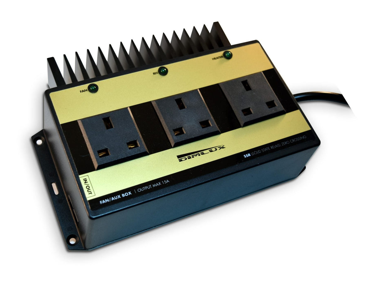 Dimlux Fan Aux Box 15A three-quarter view with mounting lugs