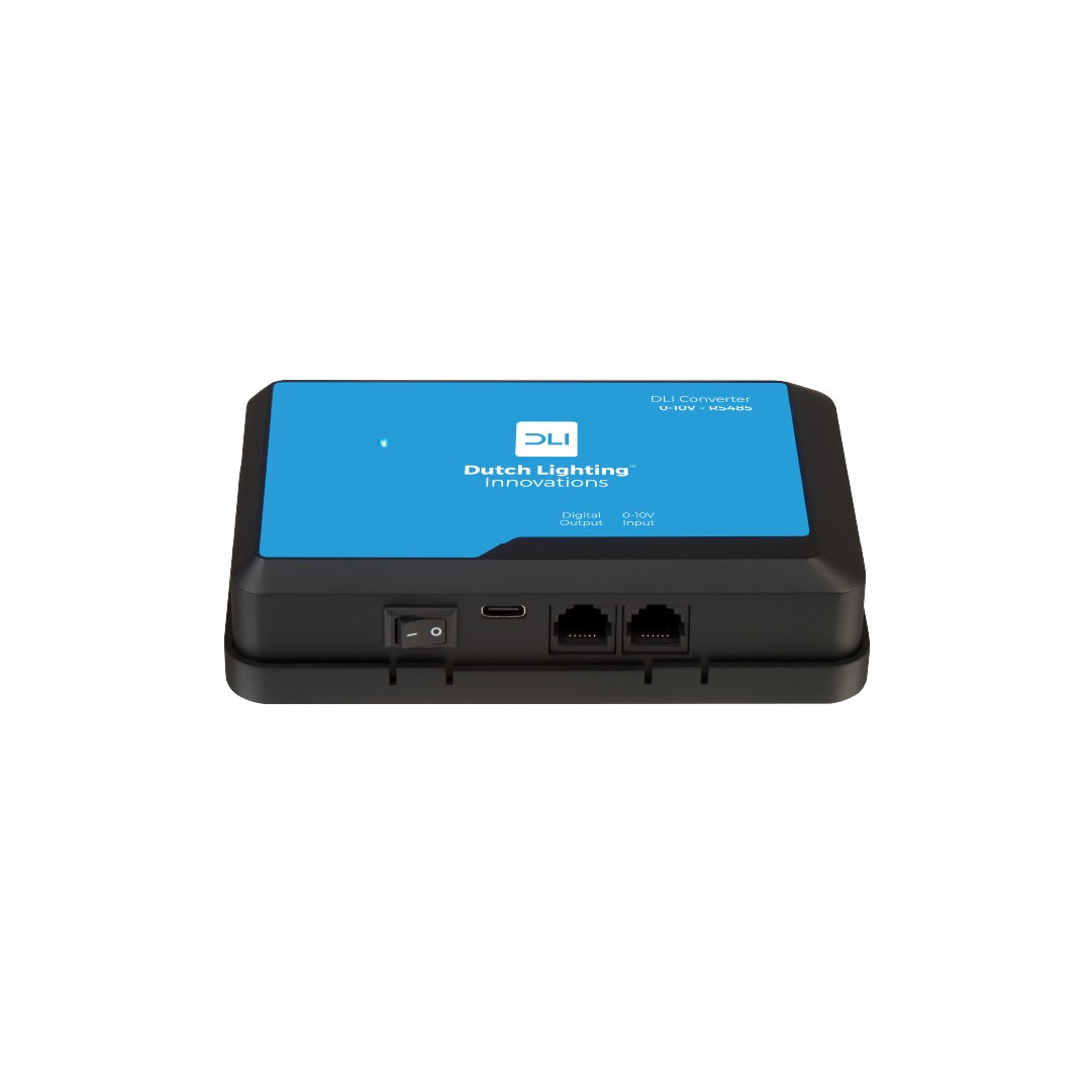 DLI 0-10V Converter — front view with on/off switch and the two control ports