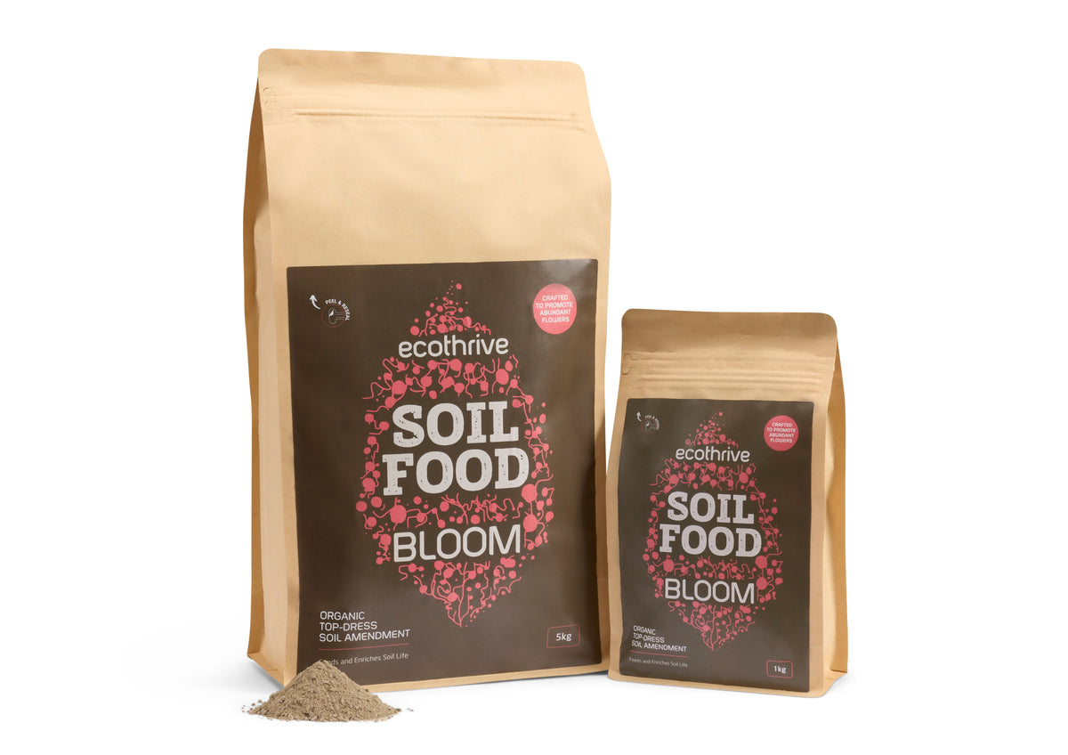 Ecothrive Soil Food Bloom 5kg and 1kg pouches with the Bloom label
