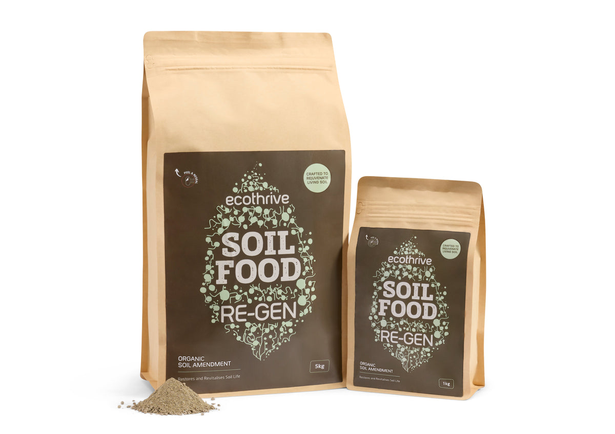 Ecothrive Soil Food Re Gen 5kg and 1kg pouches with the Re Gen label