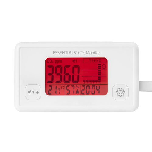 Essentials CO2 Monitor showing the red high-CO2 backlight