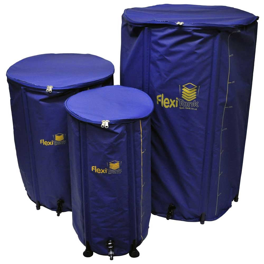 FlexiTank Collapsible Water Butts in three sizes, zipped lids and bottom taps