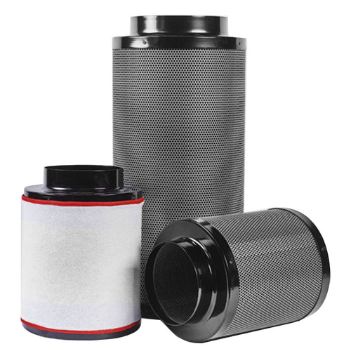 Fox Carbon Filter range shown in several sizes with black spigots and mesh bodies