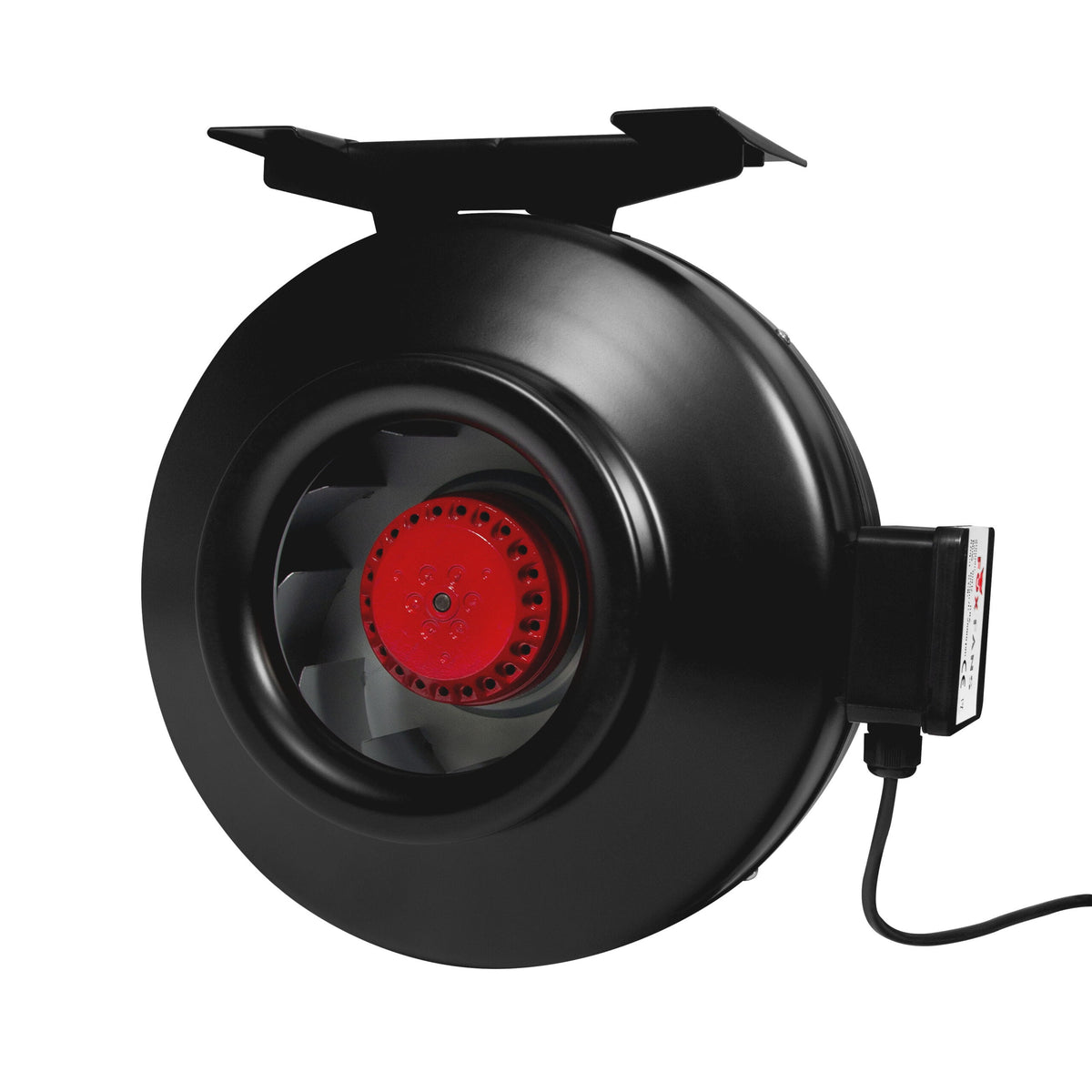 Fox 8 Inch Inline Extractor Fan front view showing the red impeller, mounting plate and wired lead