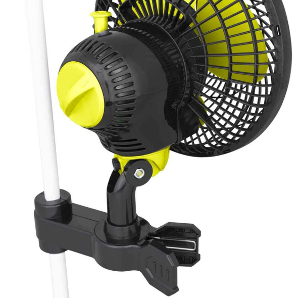 Garden HighPro ProFan clipped onto a tent pole, showing the pole clip and motor housing