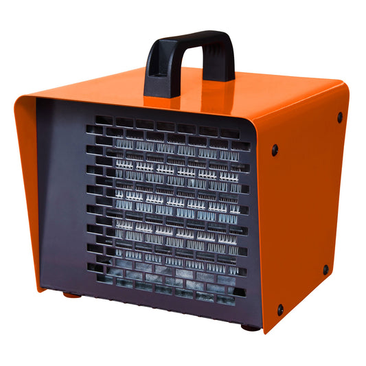 Gorilla 2kW Heater in orange, showing the ceramic element grille and carry handle