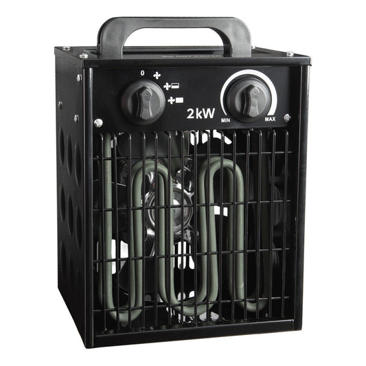 Gorilla 2kW Fan Heater (Tall Black), showing the control dials, heating element grille and carry handle