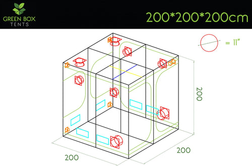 Green Box Tent 200 x 200 x 200 layout diagram showing duct sockets and vents