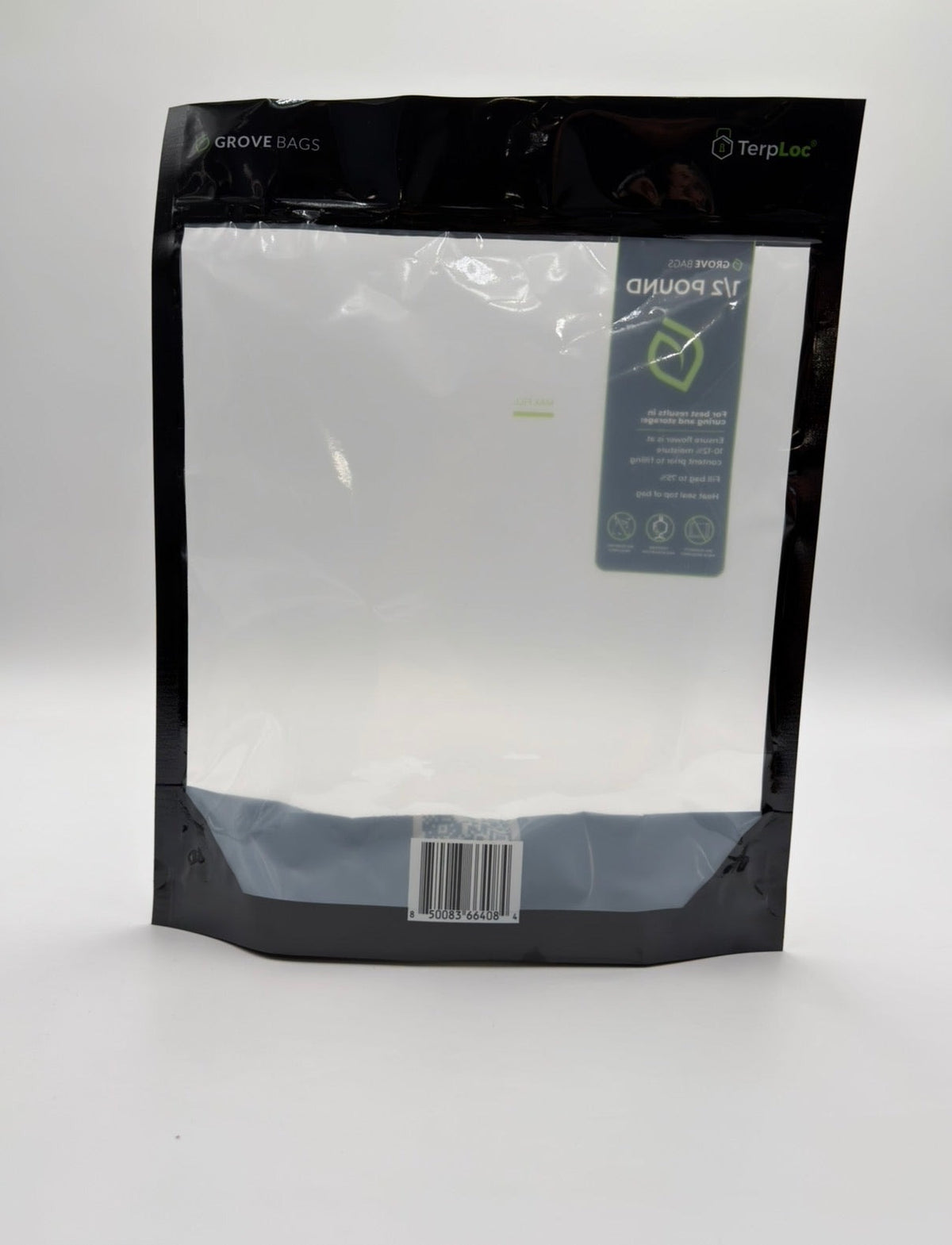 Grove Bags TerpLoc Curing Bags — 225g XL window pouch from the reverse, showing the Grove Bags and TerpLoc branding and size panel