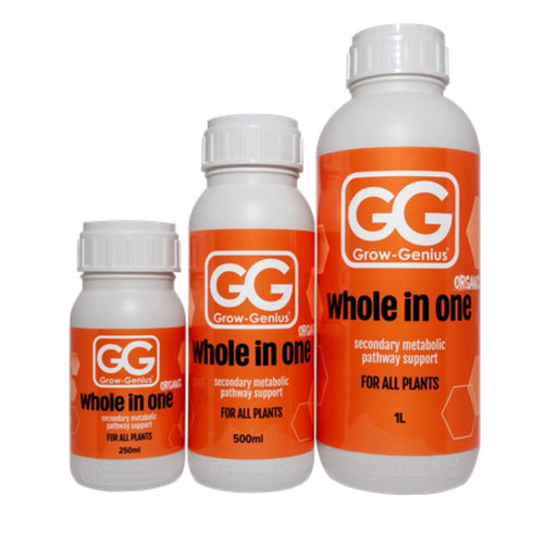 Grow Genius Whole In One shown in all three bottle sizes, 250ml, 500ml and 1L, side by side