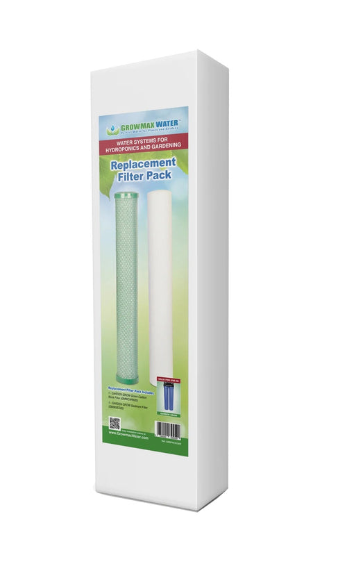 GrowMax Garden Grow Replacement Filter Pack — box with the green carbon block and 5 micron sediment filter
