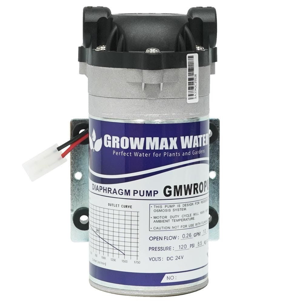 GrowMax Water Booster Pump Kit — GMWROPUMP 24V diaphragm pump and its rating label