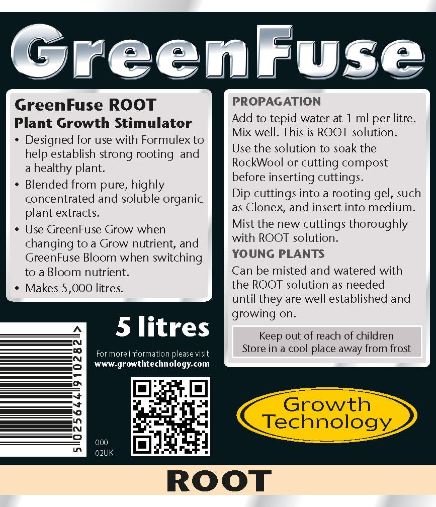 Growth Technology GreenFuse Root Stimulator label with propagation directions and the 1 ml per litre rate