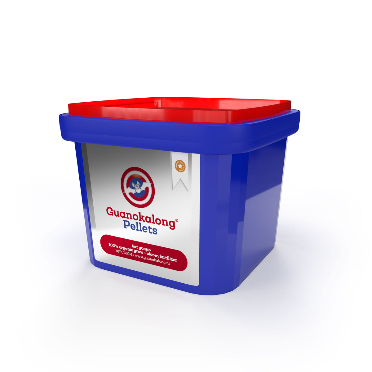 Guanokalong Pellets tub showing the NPK 1-10-1 organic bat guano pellet feed label