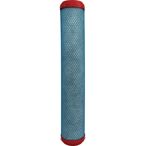 Hydro-Logic Evolution-RO1000 carbon filter cartridge showing the pleated blue filter media and red end caps