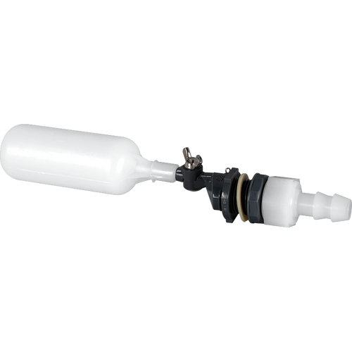 Hydro-Logic float valve with a 1/2 inch barbed fitting and adjustable float arm