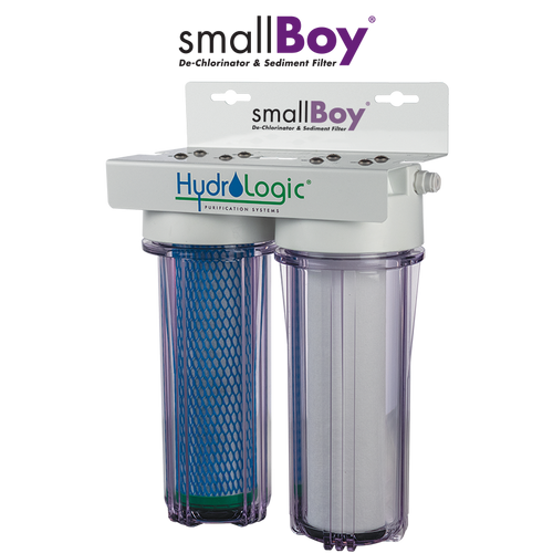 Hydro-Logic smallBoy dechlorinator and sediment system showing both filter housings and the wall-mount bracket