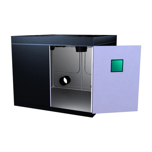 Luxx Ultra Grow Tent 240 x 240 x 200cm with the front door open, showing the white interior, rear duct port and green-tinted window