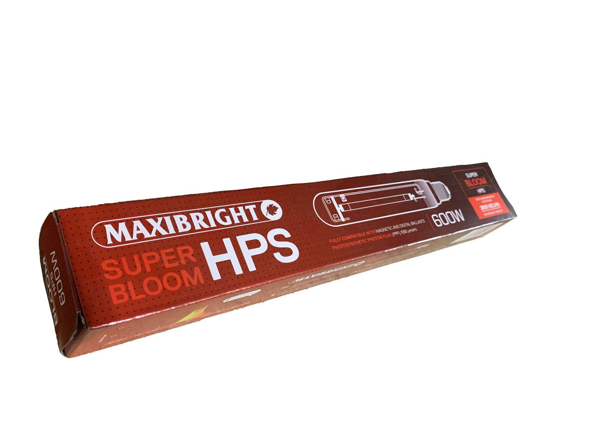 Maxibright 600W Super Bloom HPS Lamp — retail box, angled view showing 600W and spectrum graph