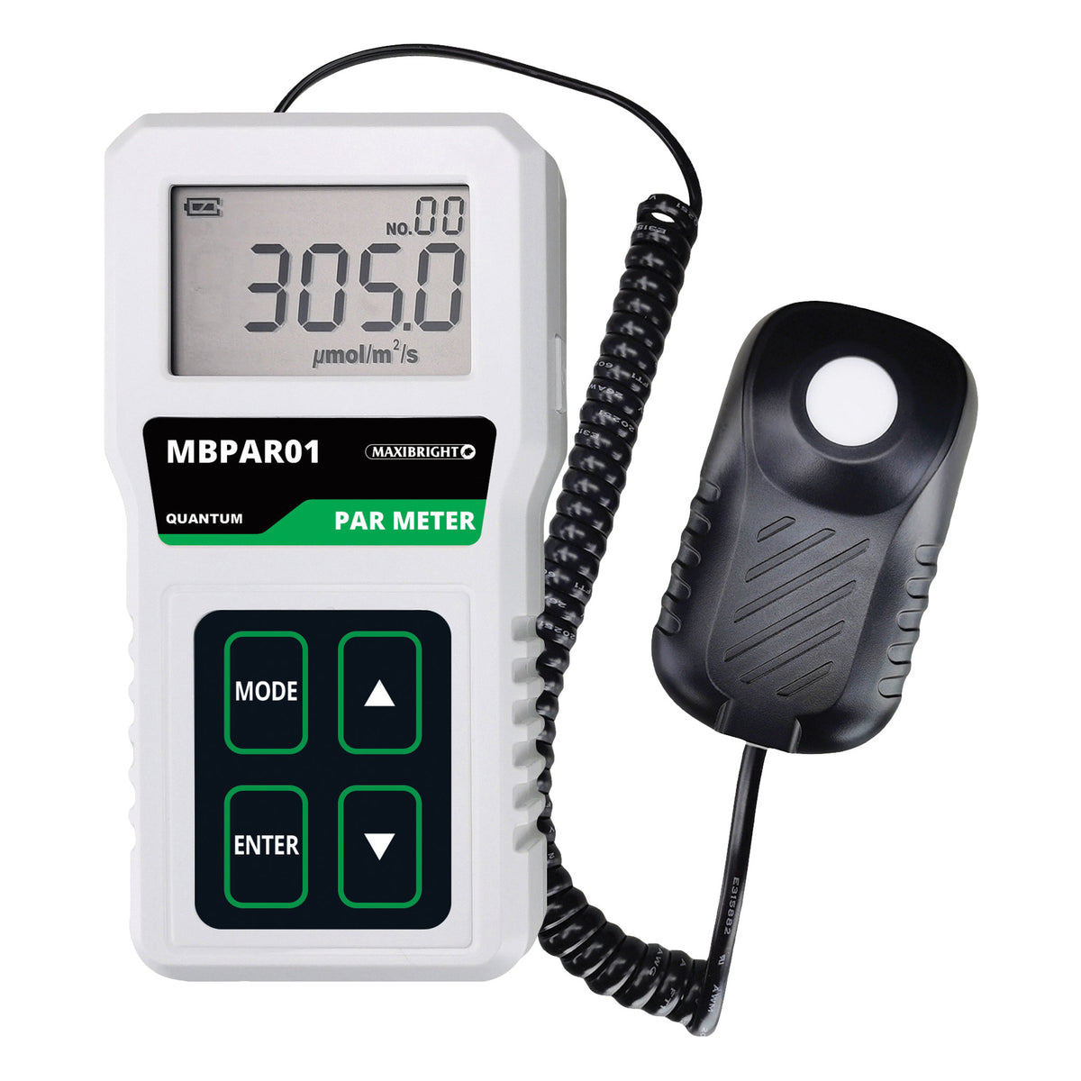 Maxibright MBPAR01 Quantum PAR Meter handheld unit with coiled telescopic wand and sensor head