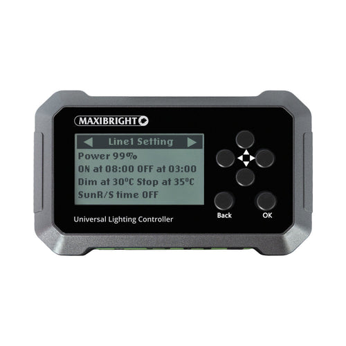 Maxibright Universal Lighting Controller — front panel showing schedule, power and temperature settings on the LCD