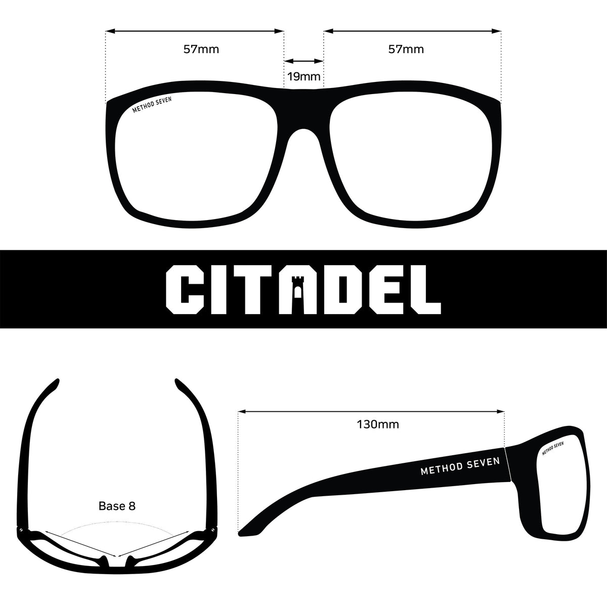 Method Seven Citadel HPS+ Grow Glasses dimension drawing: 57 mm lens, 19 mm bridge, 130 mm temple, Base 8