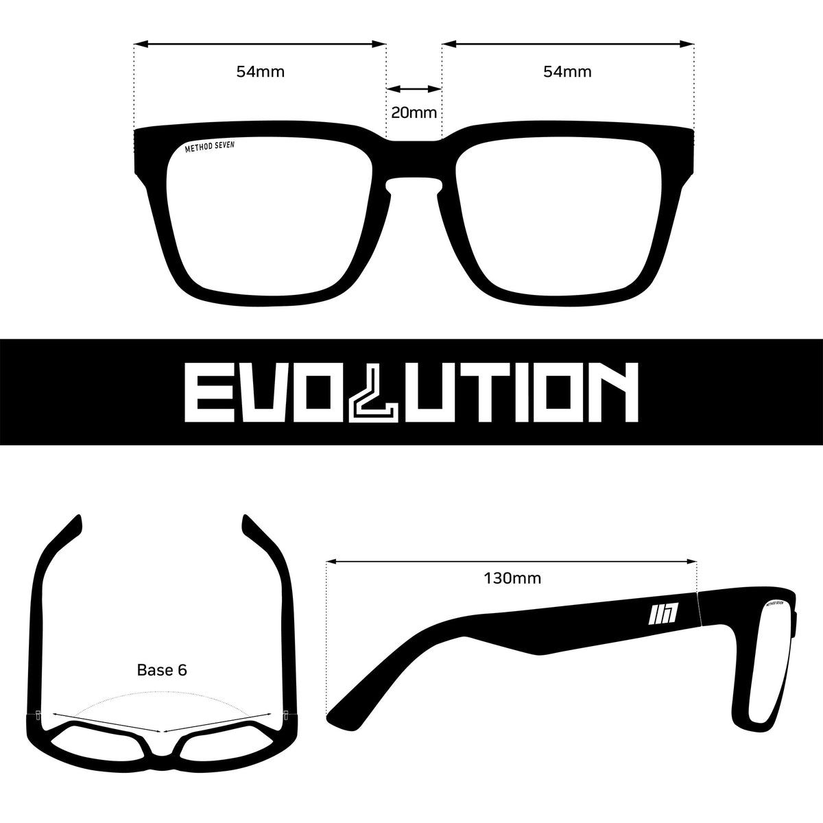Method Seven Evolution HPSx Transition Glasses Evolution frame dimension drawing: 54 mm lens, 20 mm bridge, 130 mm temple, Base 6