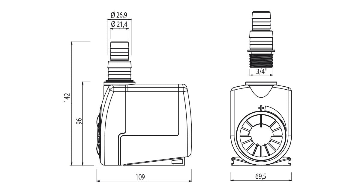 NEWA Jet Adjustable Pump dimension drawing for the NJ1700 to NJ3000 body and outlet