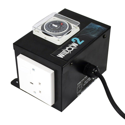 Omega Widow Timer & Relay Contactor, 2-way, showing the built-in 24-hour dial timer and switched UK socket