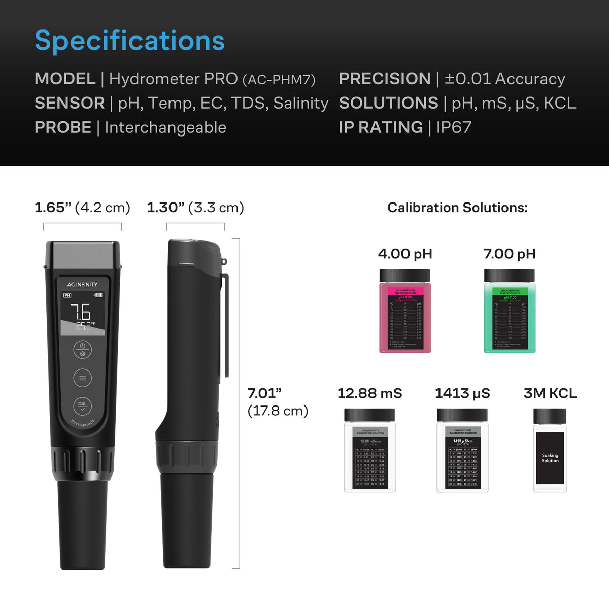 AC Infinity Hydroponic Meter PRO specification chart with five solution sachets