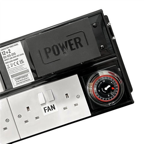 POWER 12+2 Contactor Timer Panel close-up of the rating label, FAN sockets and 24-hour segment timer
