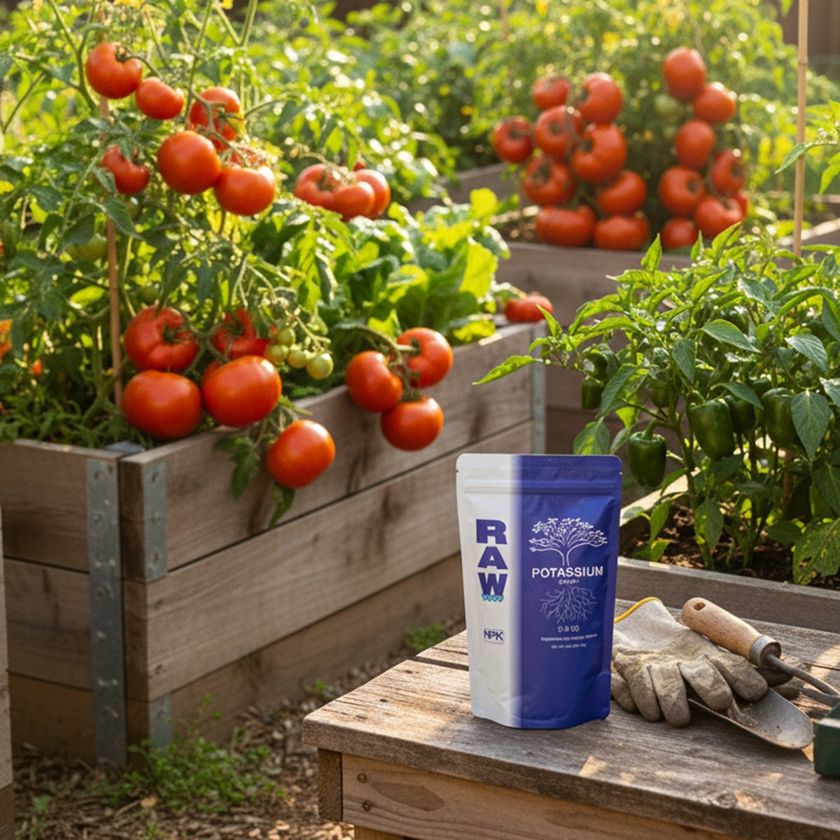 RAW Potassium on a garden table beside tomato plants